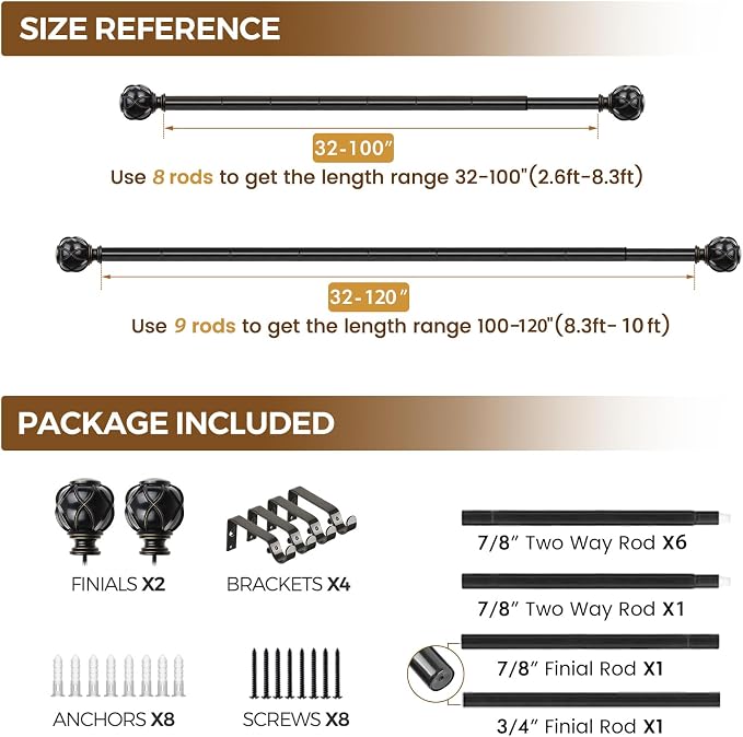 KAMANINA Curtain Rods for Windows 66 to 120 Inch, 7/8 Inch Black Heavy Duty - Image 8