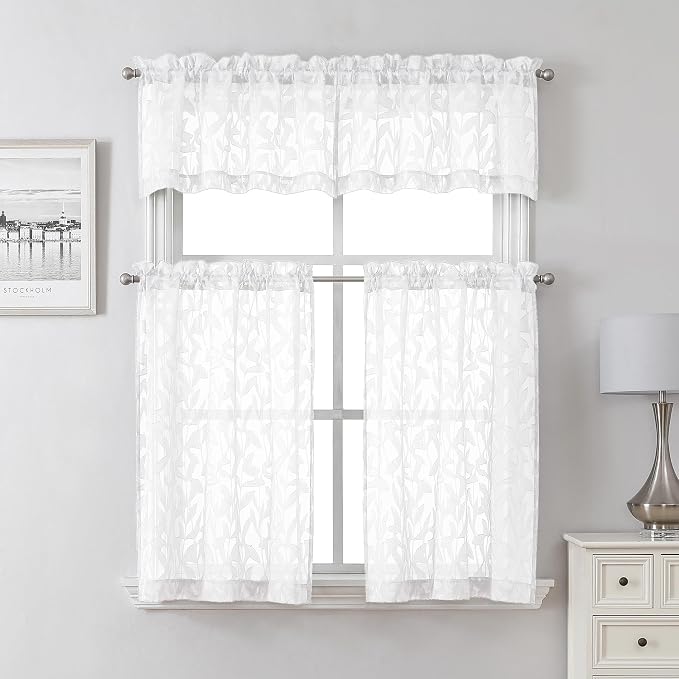 Lecloud Leia White Sheer Kitchen Curtains 24 Inch Length 2 Pcs, Jacquard Leaf - Image 8