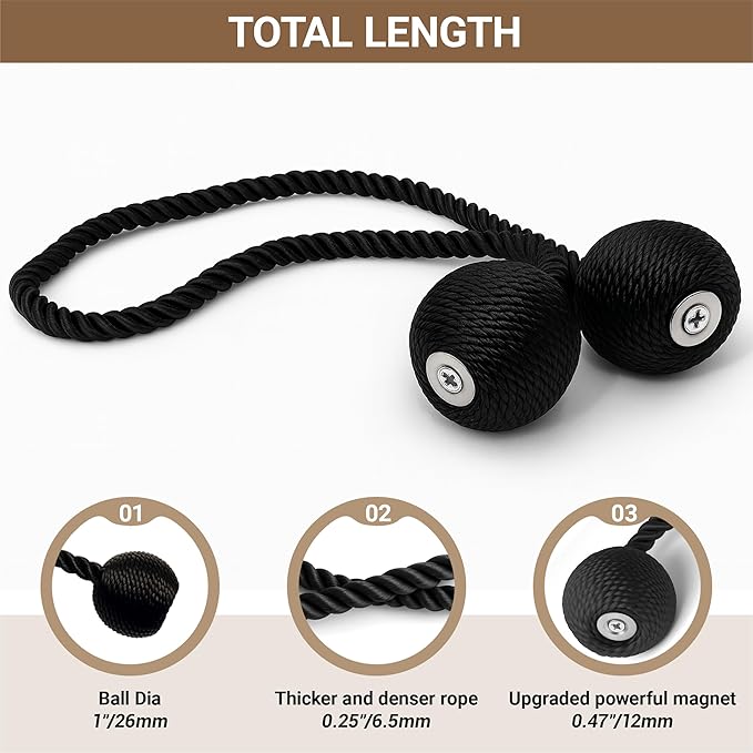 Hion Magnetic Curtain Tiebacks Black 2pcs, Curtain Tiebacks Buckles Holdbacks - Image 2