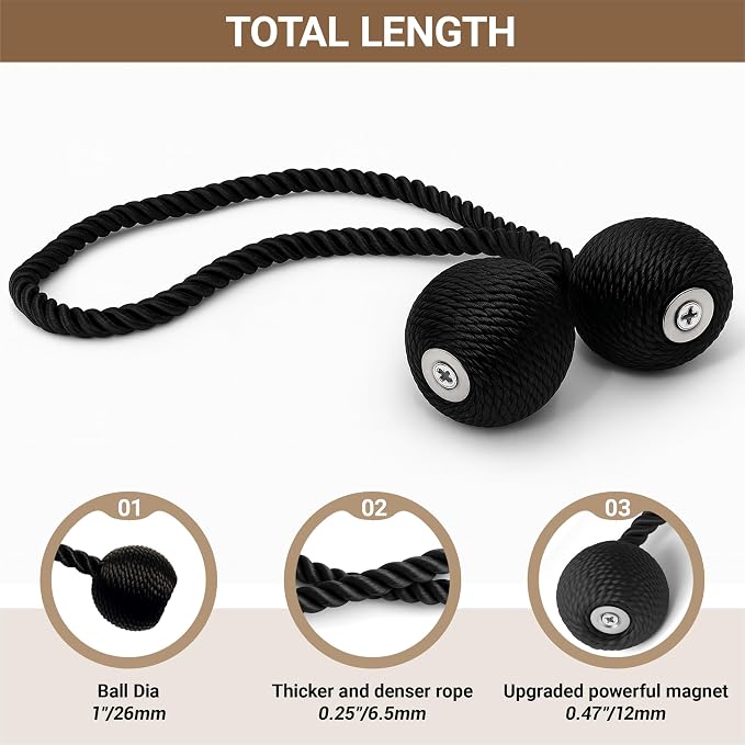 Hion Magnetic Curtain Tiebacks Black 6 Pack, Curtain Tiebacks Buckles Holdbacks - Image 2