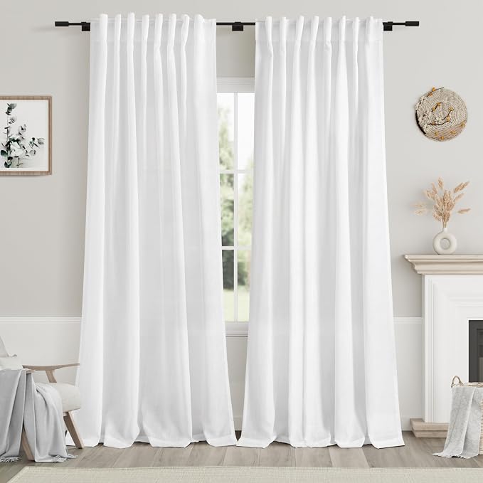 Nanspring White Linen Curtains 84 Inch Length 2 Panels Set by Nanspring