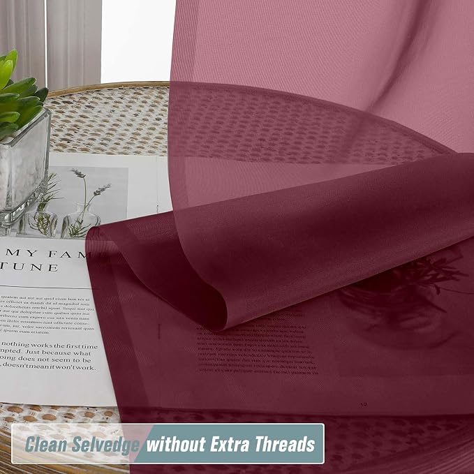 Burgundy Sheer Curtains for Windows 108 inches Long 2 Panels Set, Soft - Image 2