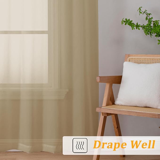 Gwine Taupe Sheer Curtains 90 Inches Long 2 Panels Set, Light Filtering Solid - Image 6