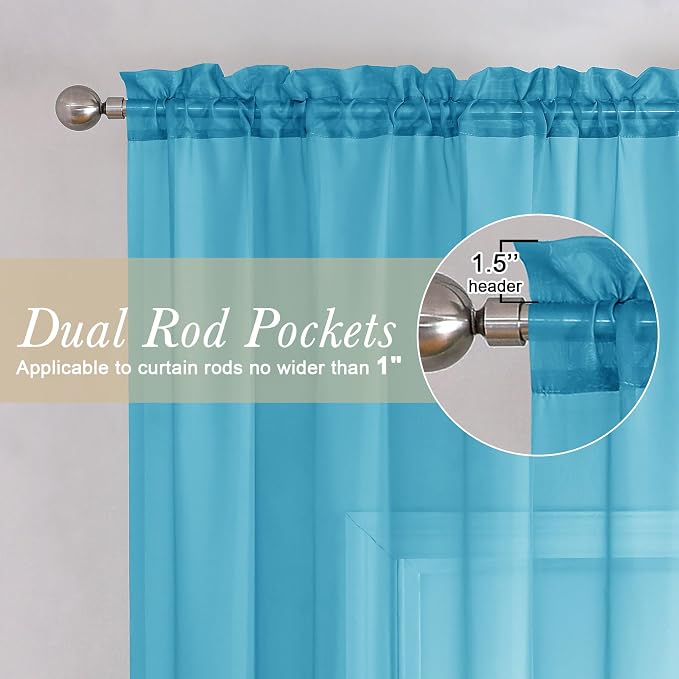 Lecloud Turquoise Sheer Curtains 72 Inches Long 2 Panels, Light Filtering Voile - Image 2