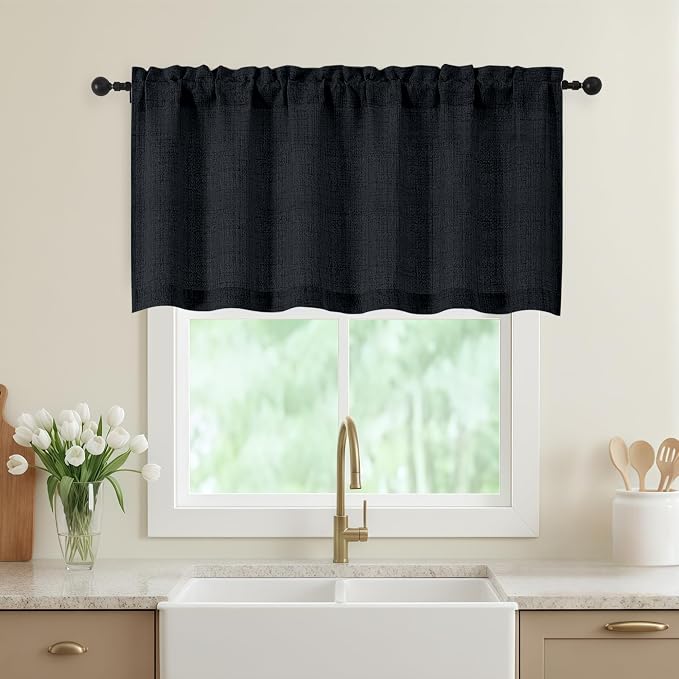 Black Valances for Windows, Light Filtering Faux Linen Textured Small Short by WelvetBLK