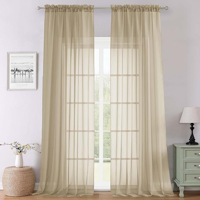 Lecloud Taupe Sheer Curtains 108 Inches Long 2 Panels, Dual Rod Pocket Light by Lecloud