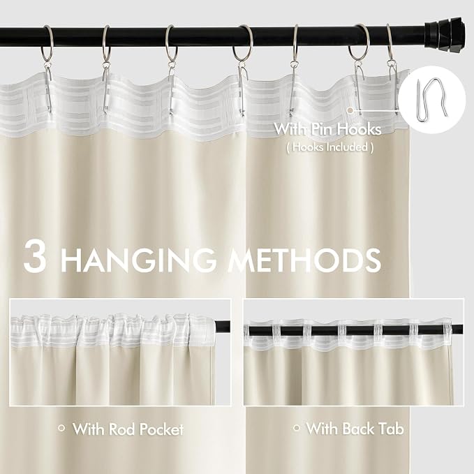 MIULEE Beige White Back Tab Blackout Curtains 72 Inches Long 2 Panels Set - Image 3