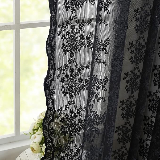 YJ YANJUN Vintage Lace Curtains 63 Inch Length-Victorian Floral Pattern Black - Image 4