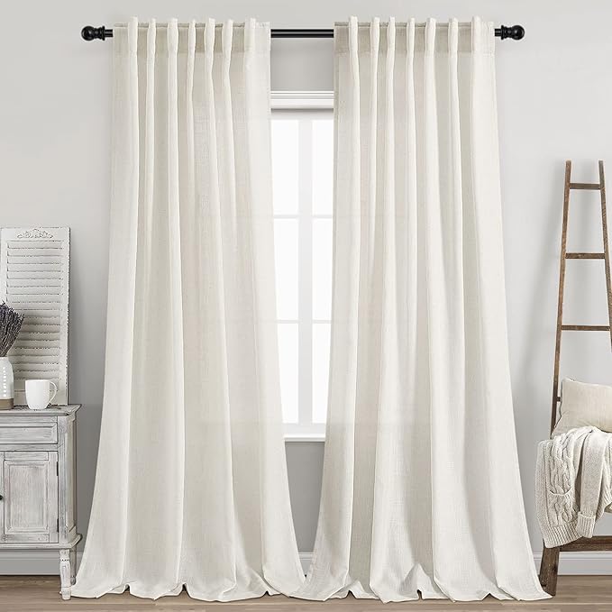 Cream Linen Curtains 99 Inches Long 2 Panels Set Back Tab Rod Pocket Semi Sheer by Nanspring