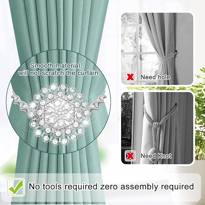 AULEEP Magnetic Curtain Tiebacks, 4 Pack Magnetic Crystal Decorative Drapes - Image 4