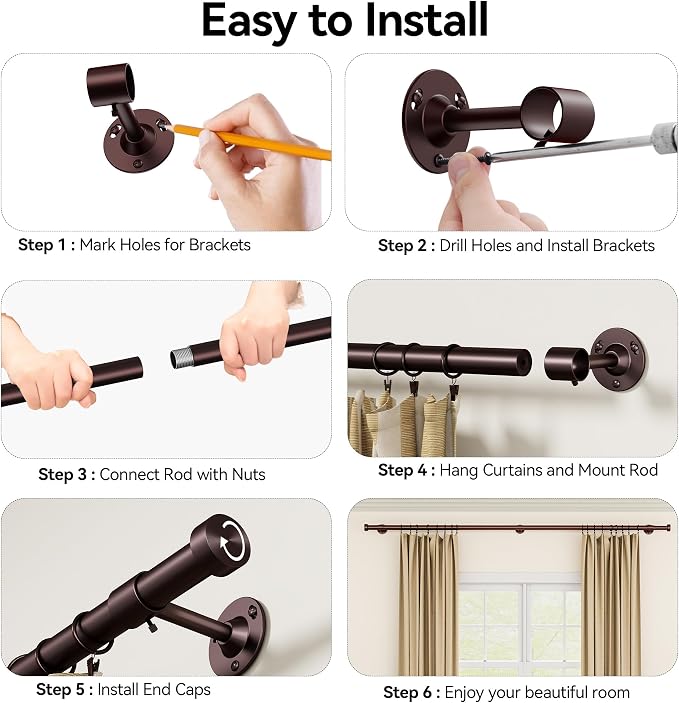 YaFex Heavy Duty Curtain Rods 32-90Inch, 1 Inch Adjustable Bronze Curtain Rod - Image 8