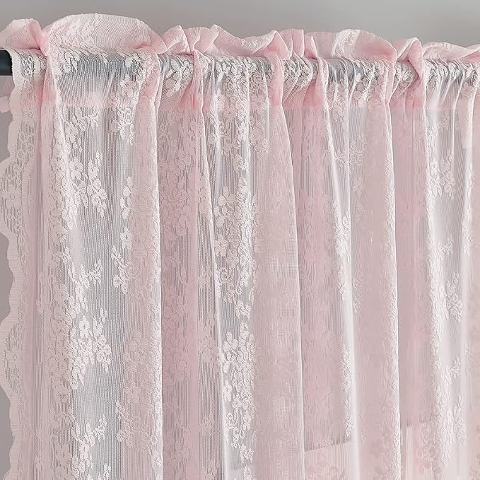 YJ YANJUN Vintage Lace Curtains 63 Inches Length- Cute Sheer Pink Curtains - Image 3