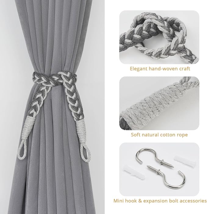 NICEEC 2 Pack Natural Cotton Rope Curtain Tiebacks Elegant Boho Style - Image 2