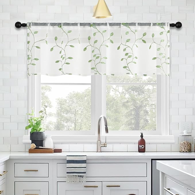 MRTREES Sheer Voile Curtain Valances 2 Panels, Sage Green Leaves Embroidered - Image 6