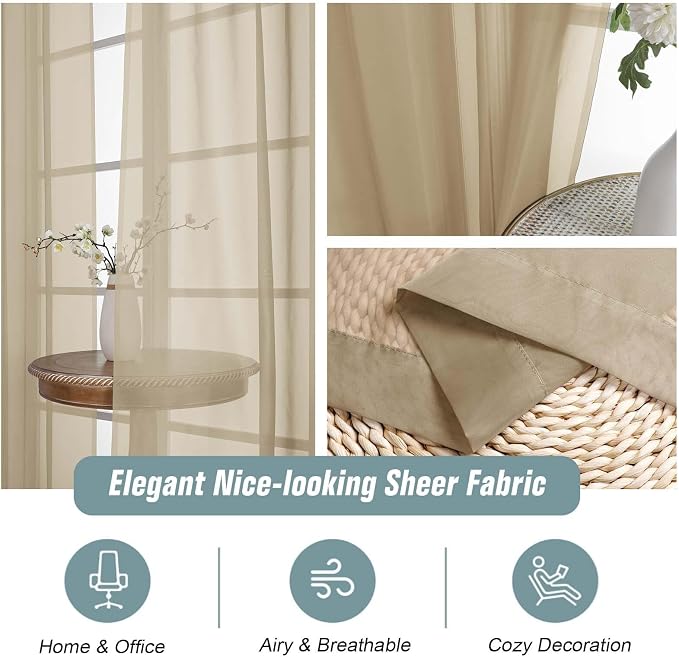Taupe Sheer Curtains 63 Inch Length 2 Panels, Voile Sheer Curtain - Image 4