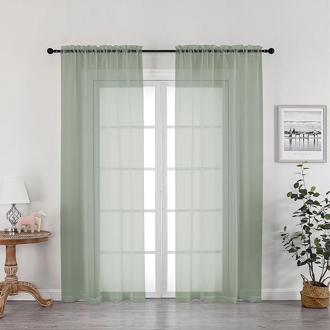 OWENIE Sage Green Sheer Curtains 72 Inches Long 2 Panels Set, Transparent Voile by OWENIE