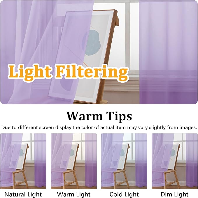 Gwine Lilac Sheer Curtains 90 Inches Long 2 Panels Set, Light Filtering Solid - Image 5