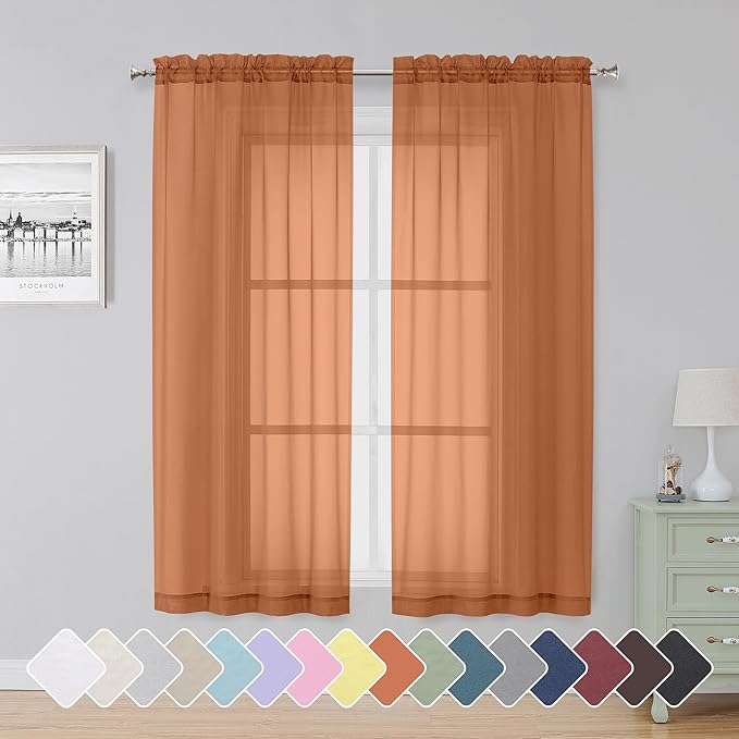 Simplebrand Orange Sheer Curtains 63 Inch Length 2 Panels, Rod Pocket Solid by Simplebrand