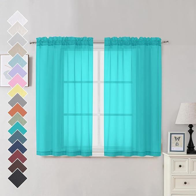 OVZME Turquoise Sheer Curtains 45 Inches Long 2 Panels, Light Filtering Sheer by OVZME