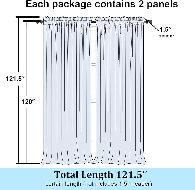 Simplebrand Black Sheer Curtains 120 Inches Long, Extra Long Rod Pocket Solid - Image 2