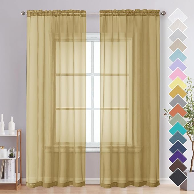 OVZME Gold Sheer Curtains 84 Inches Long 2 Panels by OVZME