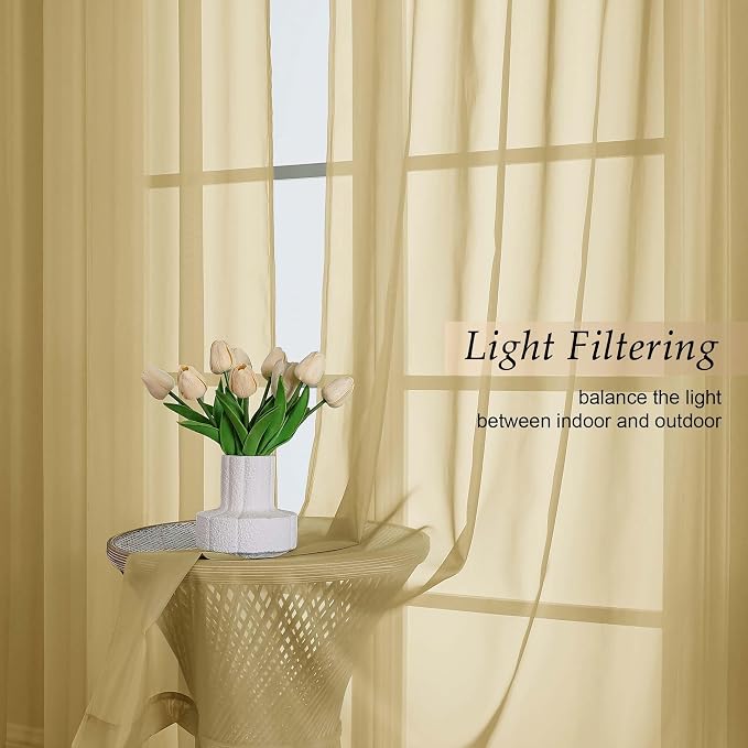 Gold Sheer Curtains 90 Inches Long 2 Panels Set - Image 3