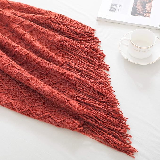 BOURINA Rust Throw Blanket 50x60 Inches Throw Textured Solid Soft Sofa Throw - Image 3