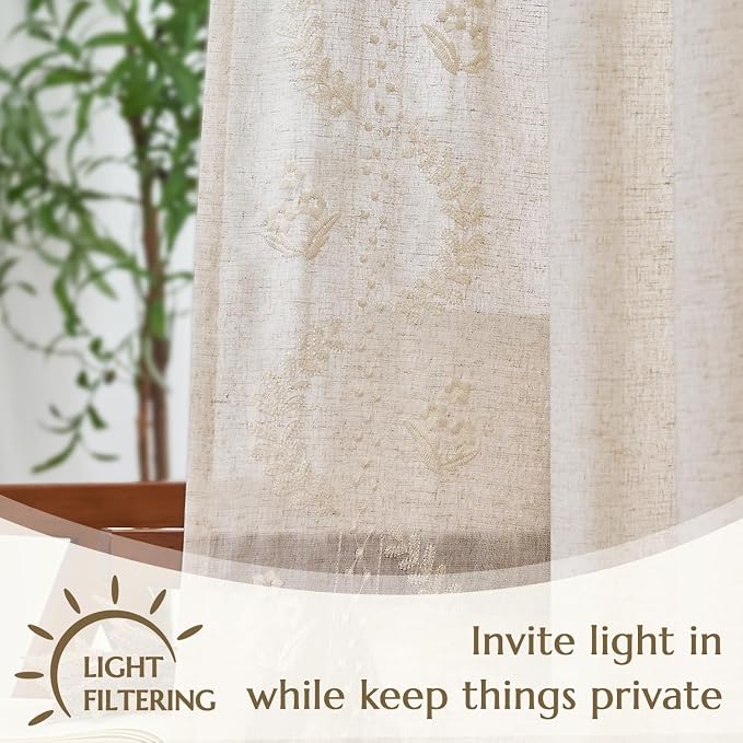jinchan Belrose Linen Curtains for Bedroom Floral Curtains 72 Inch Length Linen - Image 5