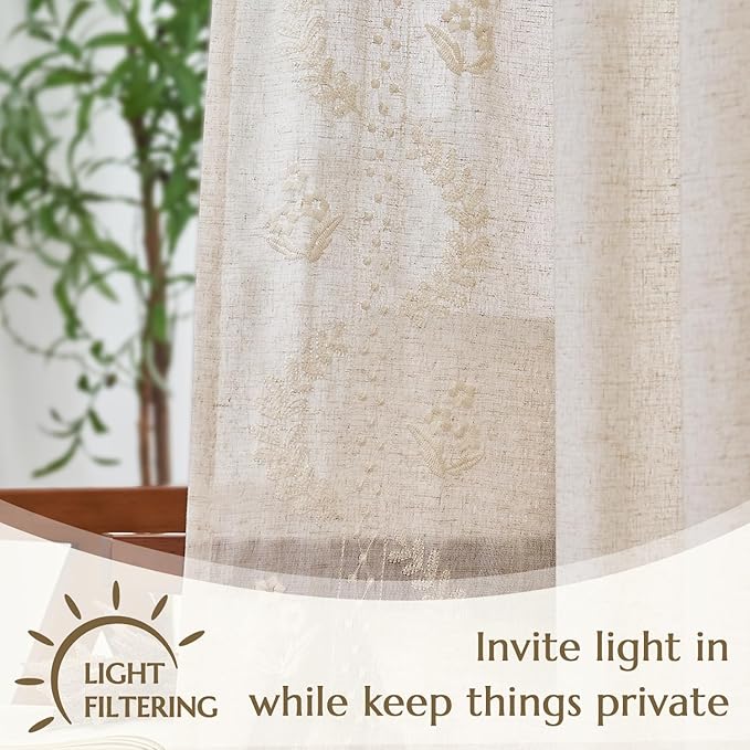 jinchan Belrose Linen Curtains for Bedroom Floral Curtains 108 Inch Length - Image 5