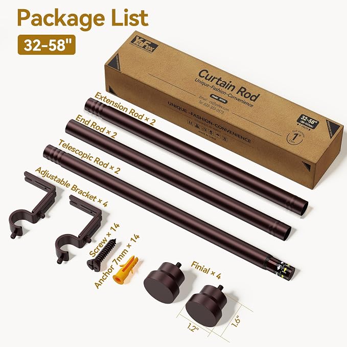 YaFex Curtain Rods 2 Pack 32-58 Inch, Heavy Duty 1 Inch Curtain Rod, Bronze - Image 7
