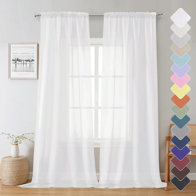 Lecloud Sheer White Curtains 96 Inches Long 2 Panels, Farmhouse Soft Voile by Lecloud