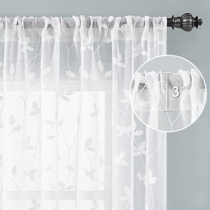HOMEIDEAS White Sheer Curtains 52 X 96 Inches Length 2 Panels Embroidered Vine - Image 5