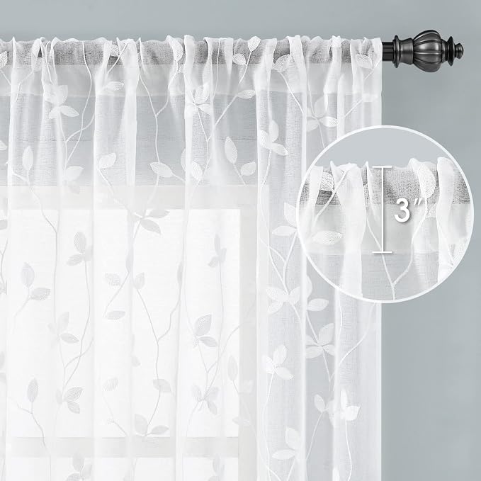 HOMEIDEAS White Sheer Curtains 52 X 63 Inches Length 2 Panels Embroidered Vine - Image 5