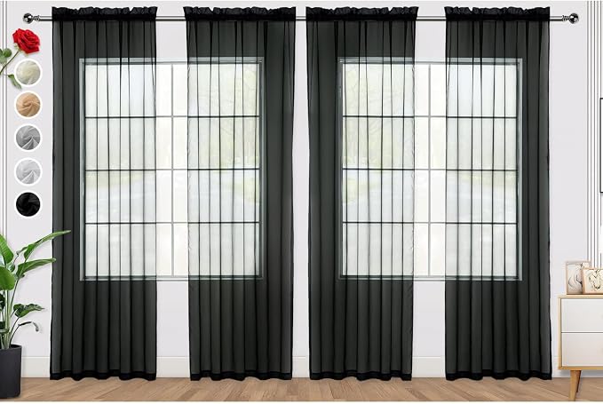 SpaceDresser Black Sheer Curtains 4 Panels Rod Pocket Semi-Sheer Curtain 96 by SpaceDresser
