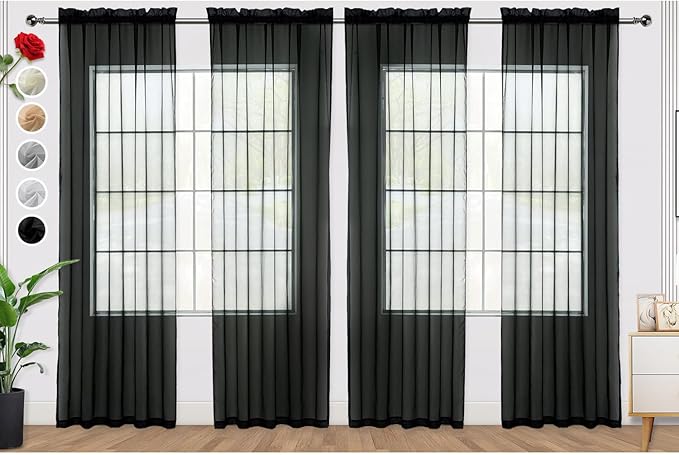 SpaceDresser Black Sheer Curtains 4 Panels Rod Pocket Semi-Sheer Curtain 54 by SpaceDresser
