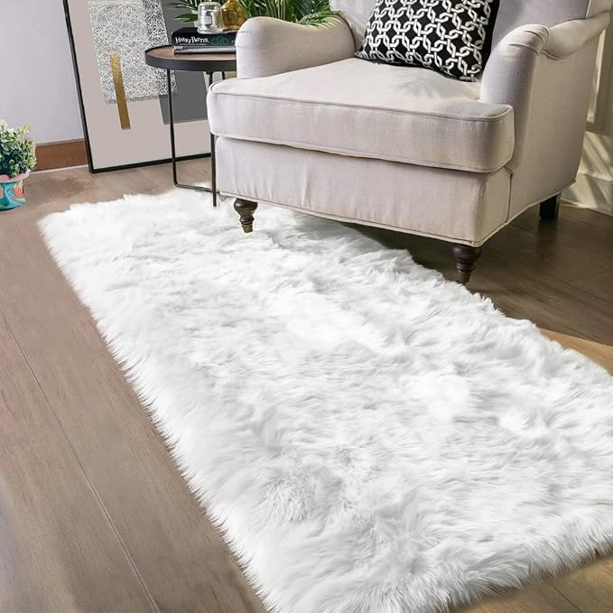 Latepis White Shag Rug 2x5 Runner Faux Sheepskin Fur Rug - Image 7