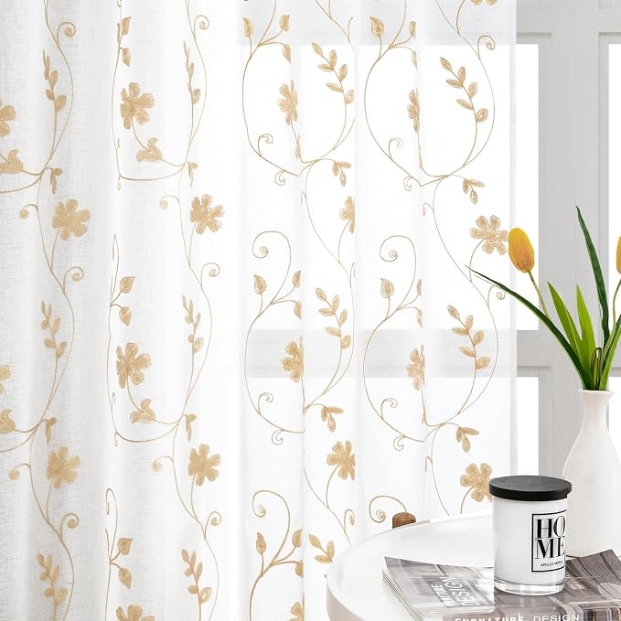 HOMEIDEAS Yellow Sheer Curtains 84 Inches Long 2 Panels Yellow and White by HOMEIDEAS