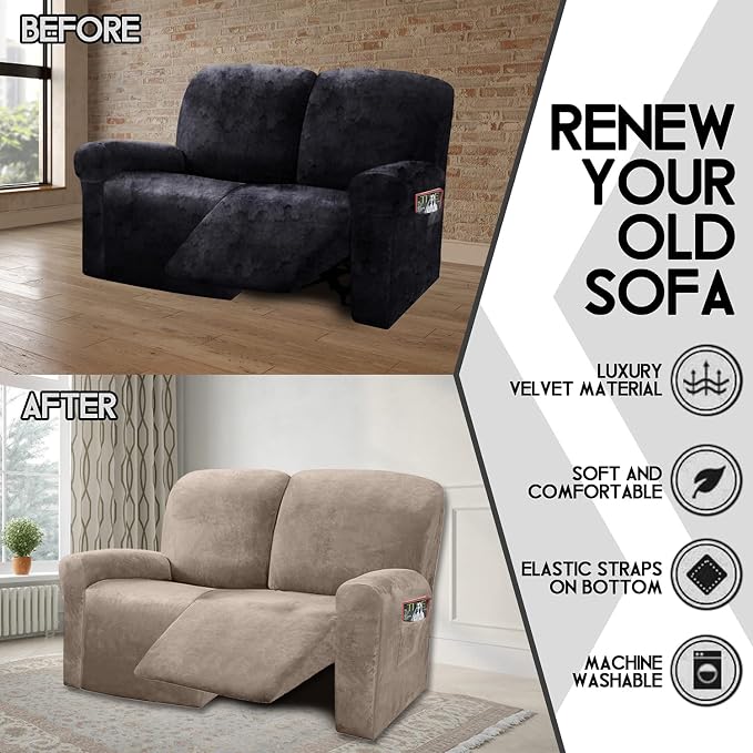ULTICOR Reclining Love Seat Sofa Cover, 48-65'' L, Velvet Stretch - Image 5