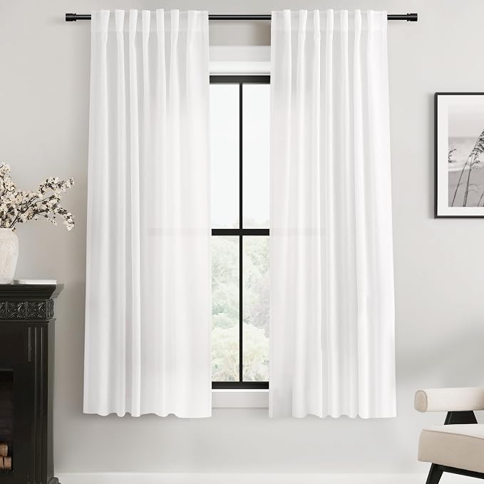 White Linen Curtains 63 inch Length 2 Panel Set by Jolilight