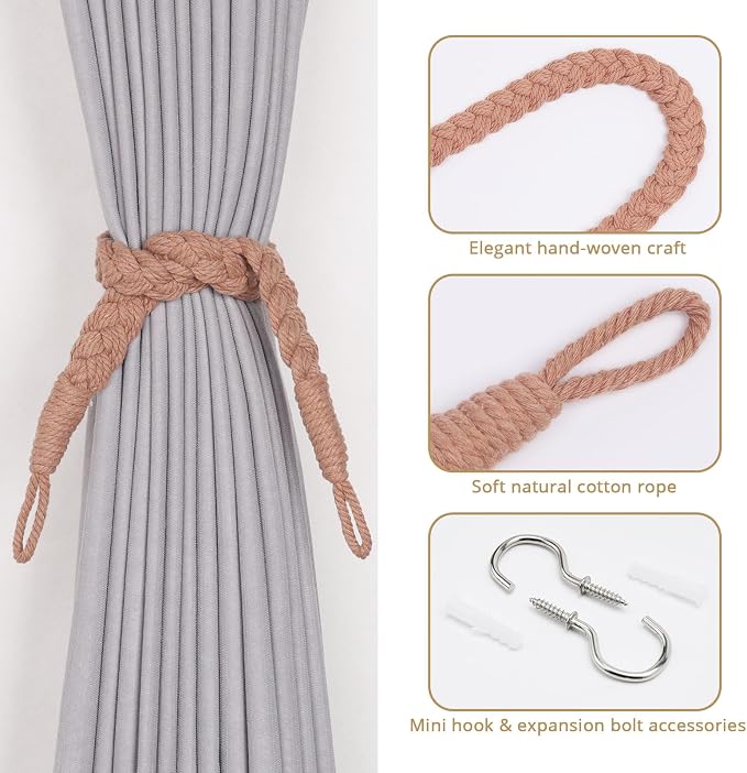 NICEEC 2 Pack Natural Cotton Rope Curtain Tiebacks Elegant Boho Style - Image 2
