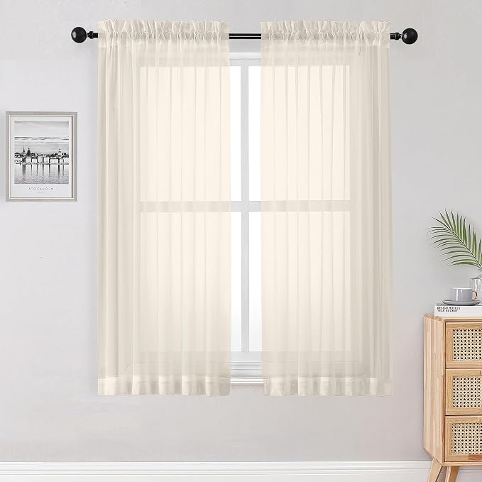 OWENIE Sheer Curtains 63 inch Length 2 Panels Set, Rod Pocket Voile Fimly Sheer by OWENIE