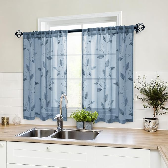 HOMEIDEAS Stone Blue Sheer Kitchen Curtains 30 X 24 Inch Length 2 Panels - Image 7