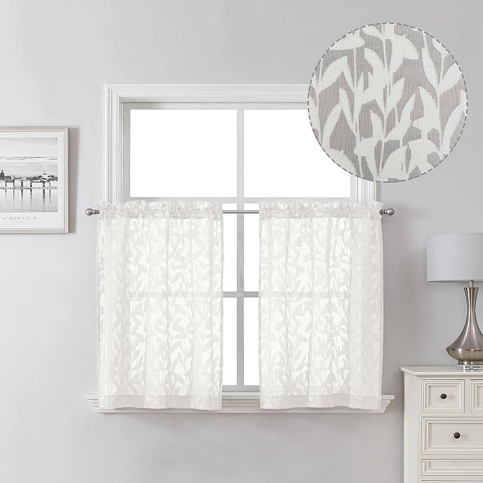 Lecloud Leia Ivory Sheer Kitchen Curtains 24 Inch Length 2 Pcs, Jacquard by Lecloud