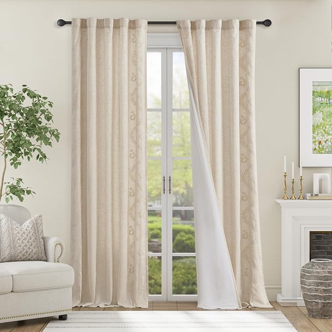 jinchan Belrose Lined Linen Blend Curtains Boho Floral Curtains - Image 3