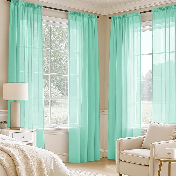 MIULEE Aqua Sheer Curtains 90 Inches Long, 4 Panels Set, Light Filtering Rod - Image 2