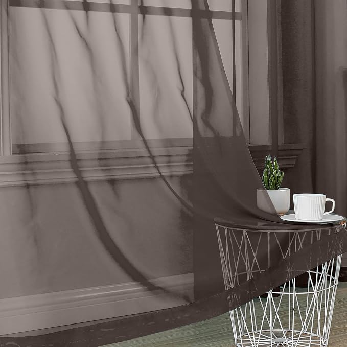 OVZME Chocolate Brown Sheer Curtains 84 Inches Long 2 Panels, Light Filtering - Image 2