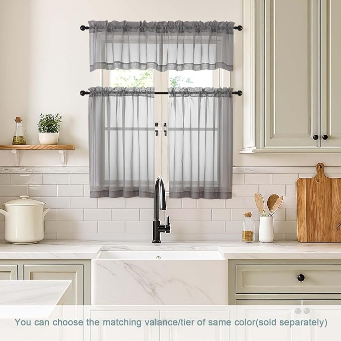 Grey Small Sheer Curtains 2 Panels, Kitchen Curtains 36 Inch Length, Elegant - Image 2