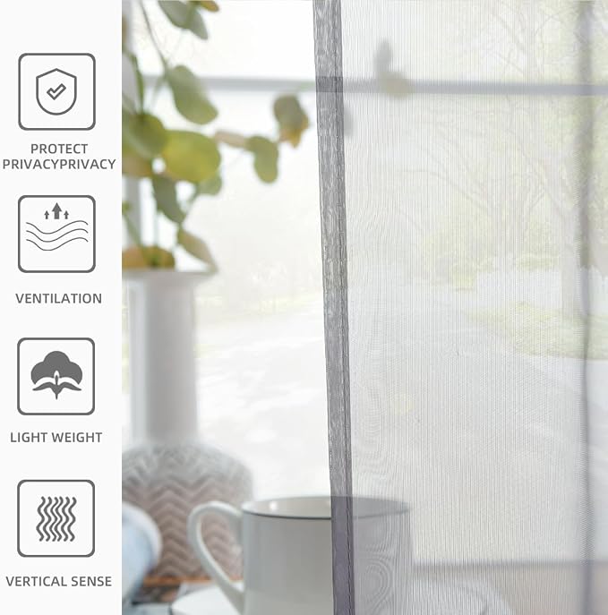 youleyar Solid Sheer Rod Pocket Curtain Voile Draperies 2 Panels White Beige - Image 4