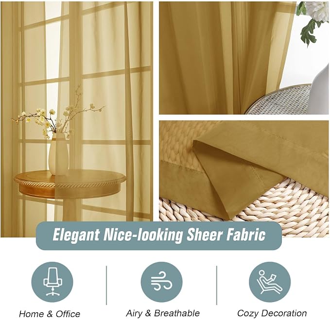 Gold Sheer Curtains 63 Inch Length 2 Panels, Voile Sheer Curtain - Image 4