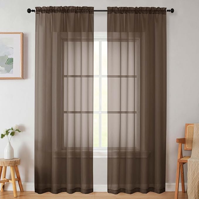 Sheer Chocolate Curtains for Bedroom Living Room 90 Inches Long 2 Panels Set by WelvetBLK